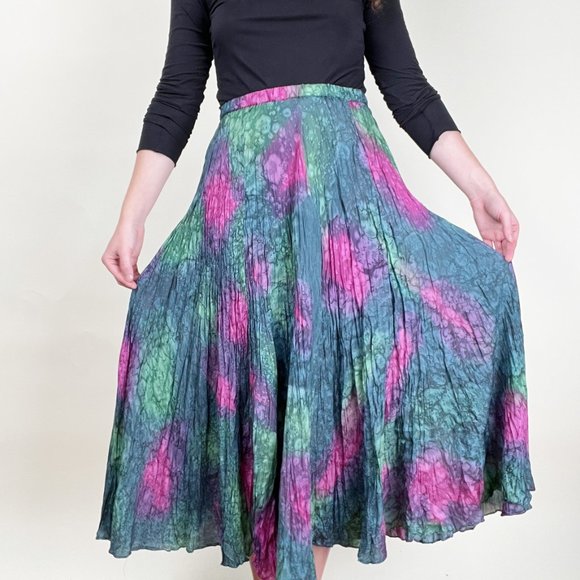 Vintage 100% Silk High Rise Boho Midi Skirt Flowy Mermaid Tie Dye Bohemian Drape - Picture 3 of 6